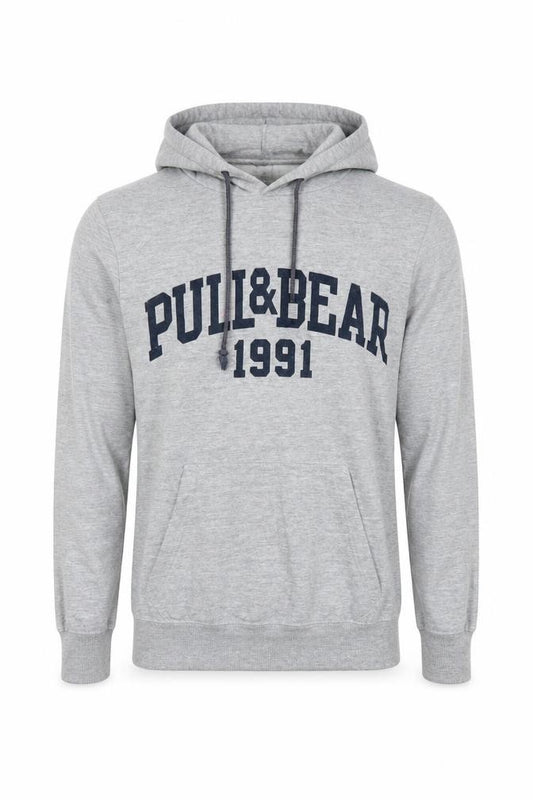 Front view of Pull&Bear Men Grey S Pullover Hoodie 1991 Graphic Logo Cotton Blend