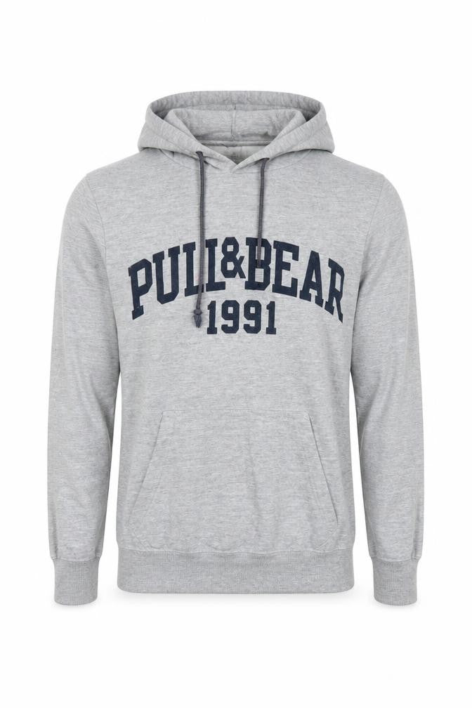 Pull&Bear Men Grey S Pullover Hoodie 1991 Graphic Logo Cotton Blend