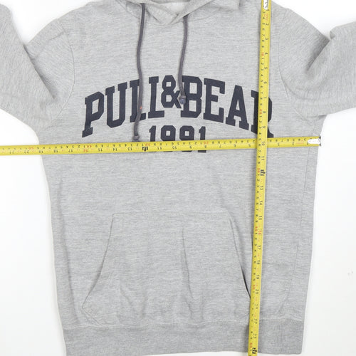 Pull&Bear Men Grey S Pullover Hoodie 1991 Graphic Logo Cotton Blend