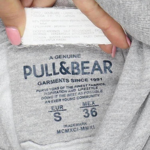 Pull&Bear Men Grey S Pullover Hoodie 1991 Graphic Logo Cotton Blend