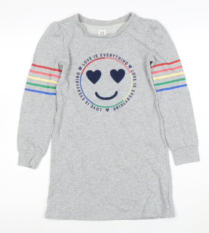 GAP Girls Grey T-Shirt Dress 8-9 Years Love Is Everything Rainbow Long Sleeve