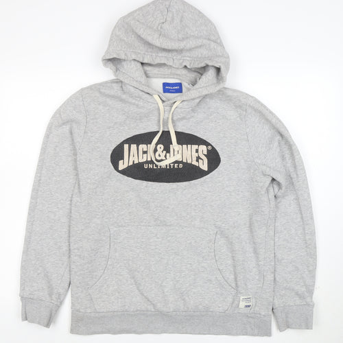 Jack & Jones Men’s Grey Pullover Hoodie L Graphic Fleece Sweatshirt