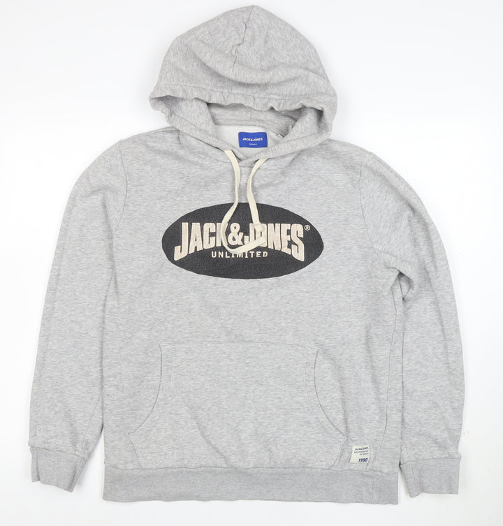 Jack & Jones Men’s Grey Pullover Hoodie L Graphic Fleece Sweatshirt