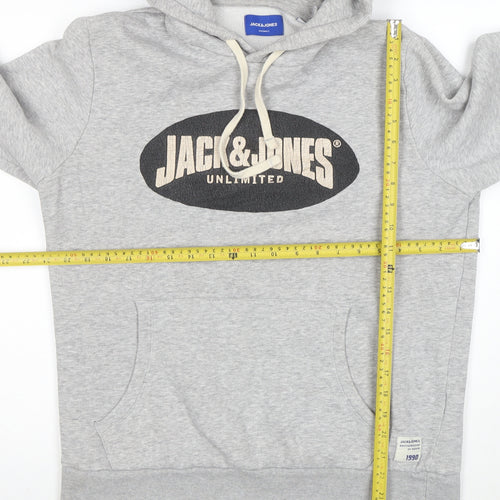 Jack & Jones Men’s Grey Pullover Hoodie L Graphic Fleece Sweatshirt