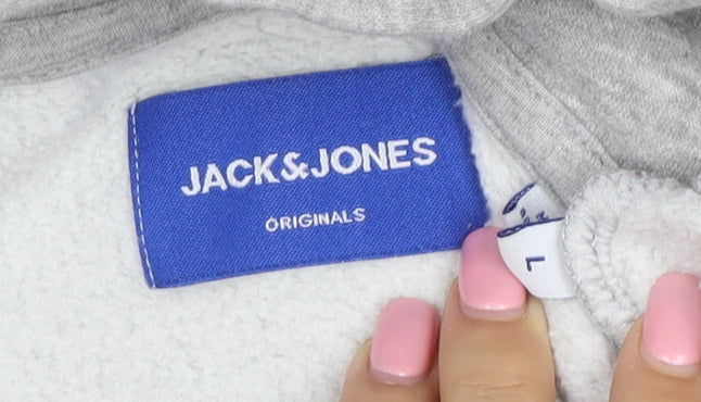 Jack & Jones Men’s Grey Pullover Hoodie L Graphic Fleece Sweatshirt