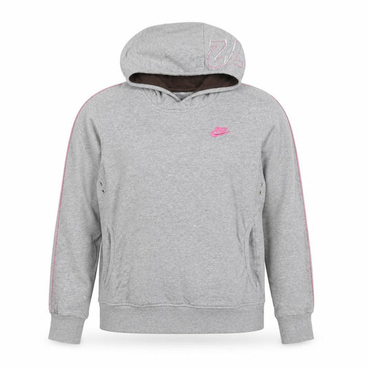 Front view of Nike women’s grey hoodie l pullover 80% cotton logo winged design