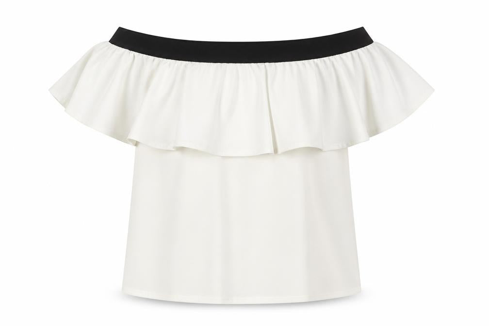 Front view of H&M Women’s White Off Shoulder Ruffle Blouse, size S