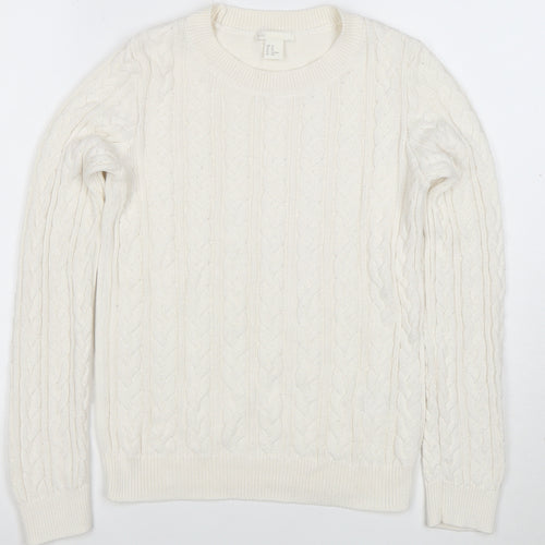 H&M Women Ivory Cable-Knit Cotton Blend Crew Neck Jumper XS