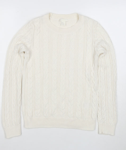 H&M Women Ivory Cable-Knit Cotton Blend Crew Neck Jumper XS