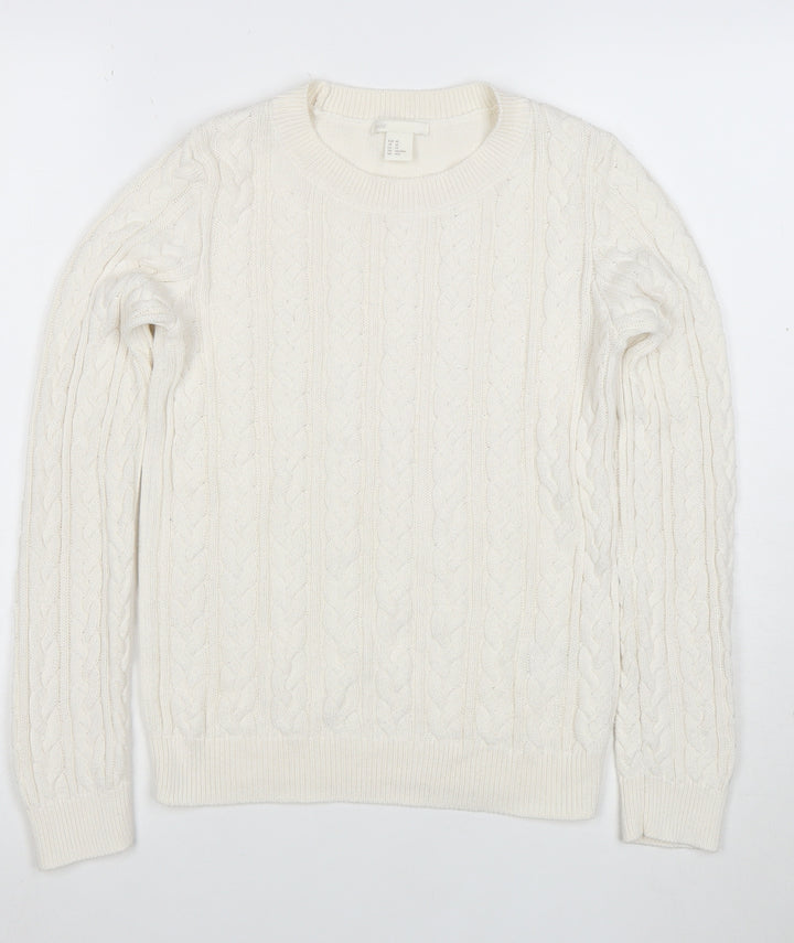 H&M Women Ivory Cable-Knit Cotton Blend Crew Neck Jumper XS
