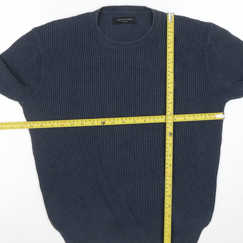 AllSaints Mens Blue Cotton Waffle-Knit Crew Neck Jumper XS
