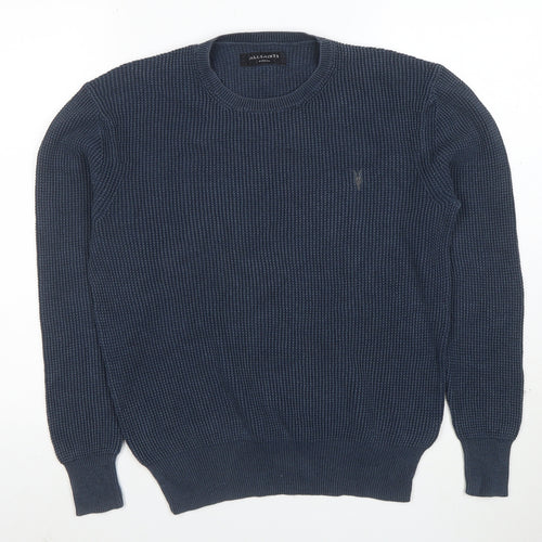 AllSaints Mens Blue Cotton Waffle-Knit Crew Neck Jumper XS