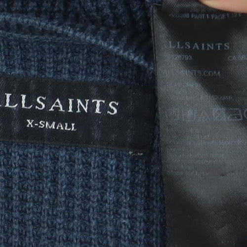 AllSaints Mens Blue Cotton Waffle-Knit Crew Neck Jumper XS