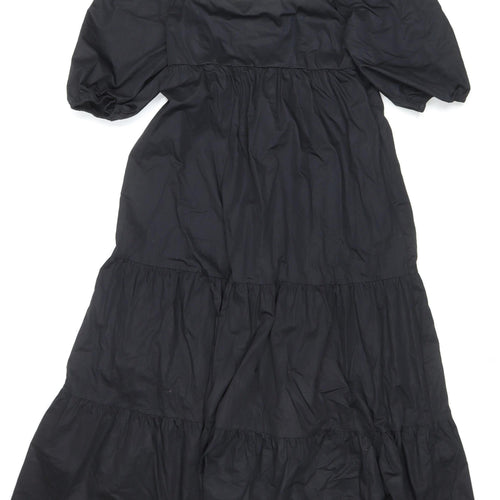 ZARA Women Black Puff Sleeve Smocked A-Line Midi Dress Size L