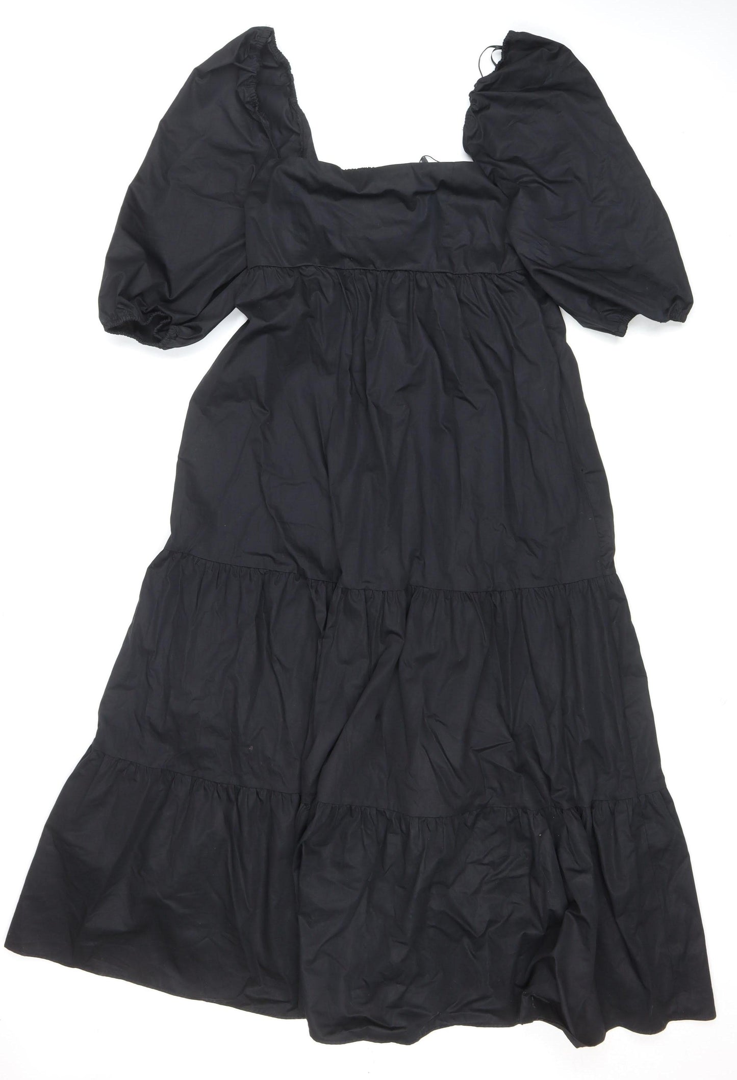 ZARA Women Black Puff Sleeve Smocked A-Line Midi Dress Size L
