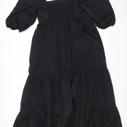 ZARA Women Black Puff Sleeve Smocked A-Line Midi Dress Size L