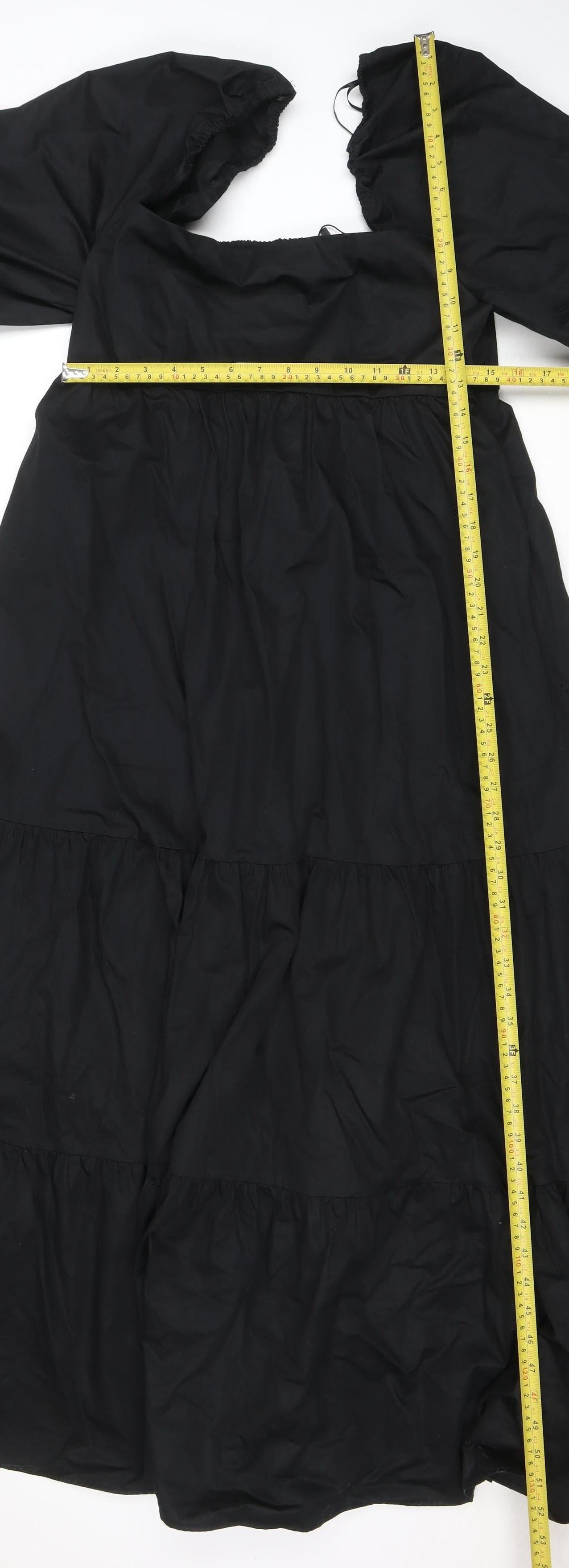 ZARA Women Black Puff Sleeve Smocked A-Line Midi Dress Size L