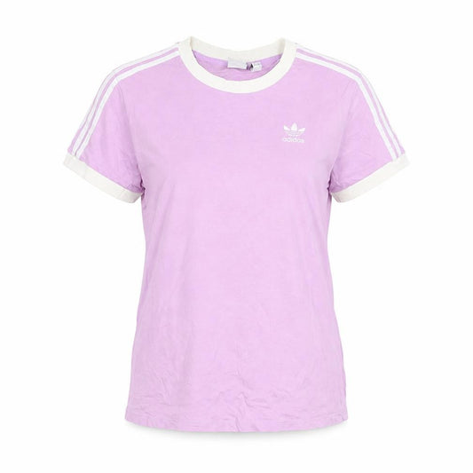 Front view of Adidas women’s purple ringer t-shirt, size UK 10, short sleeve cotton top
