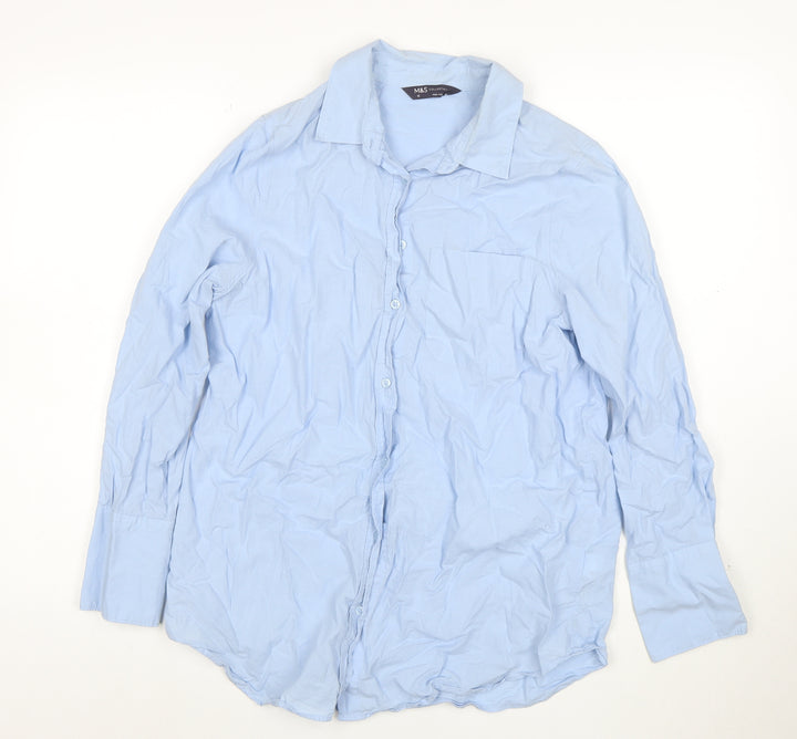 Marks and Spencer Women Blue Size 12 Cotton Long Sleeve Button-Up Shirt