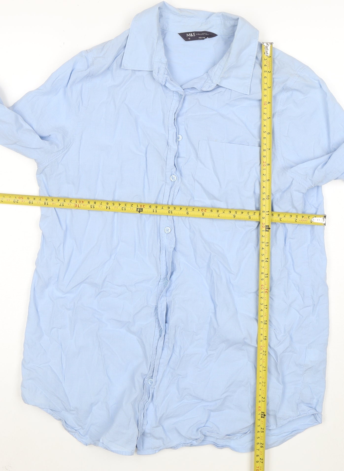 Marks and Spencer Women Blue Size 12 Cotton Long Sleeve Button-Up Shirt