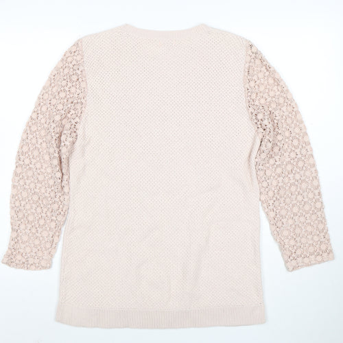 Cotton Traders Women Pale Blush Cotton Lace Sleeve Jumper Size 16