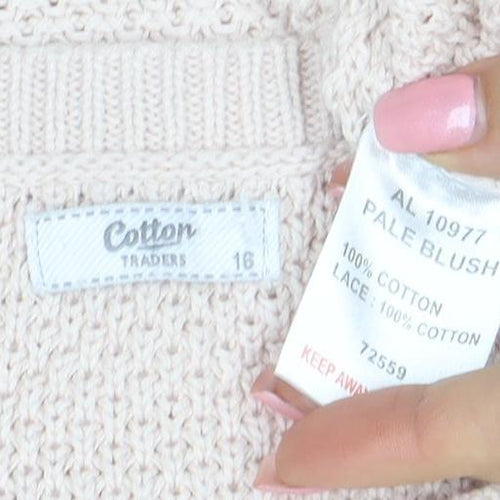 Cotton Traders Women Pale Blush Cotton Lace Sleeve Jumper Size 16