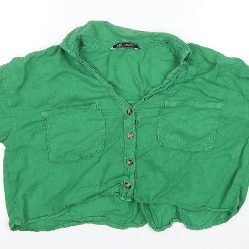 Zara Women Green Linen Cropped Button-Up Shirt M