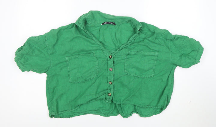 Zara Women Green Linen Cropped Button-Up Shirt M
