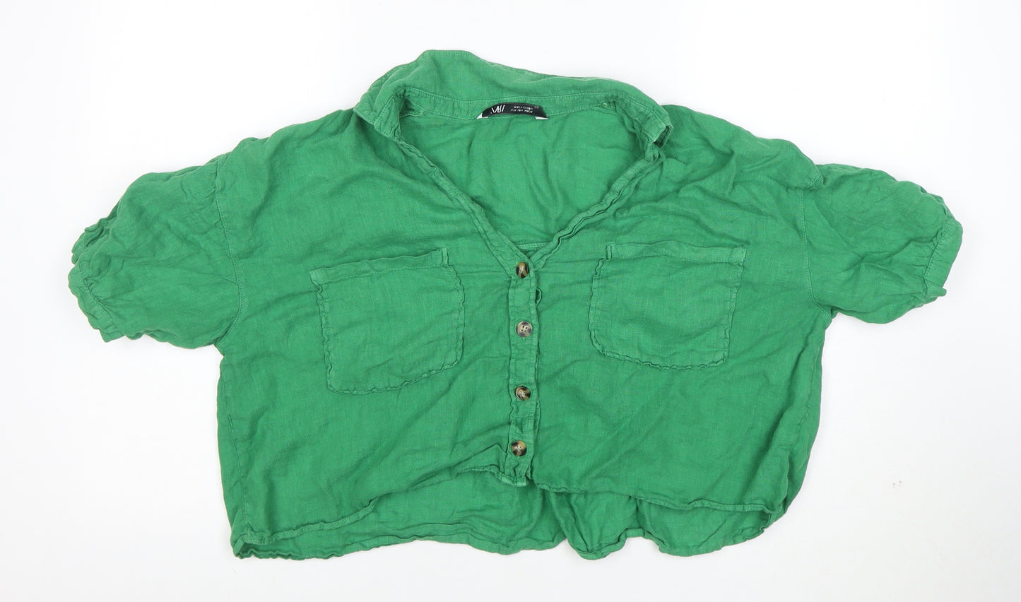 Zara Women Green Linen Cropped Button-Up Shirt M