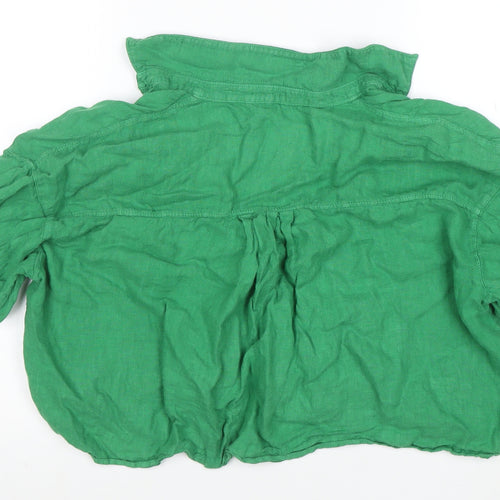 Zara Women Green Linen Cropped Button-Up Shirt M
