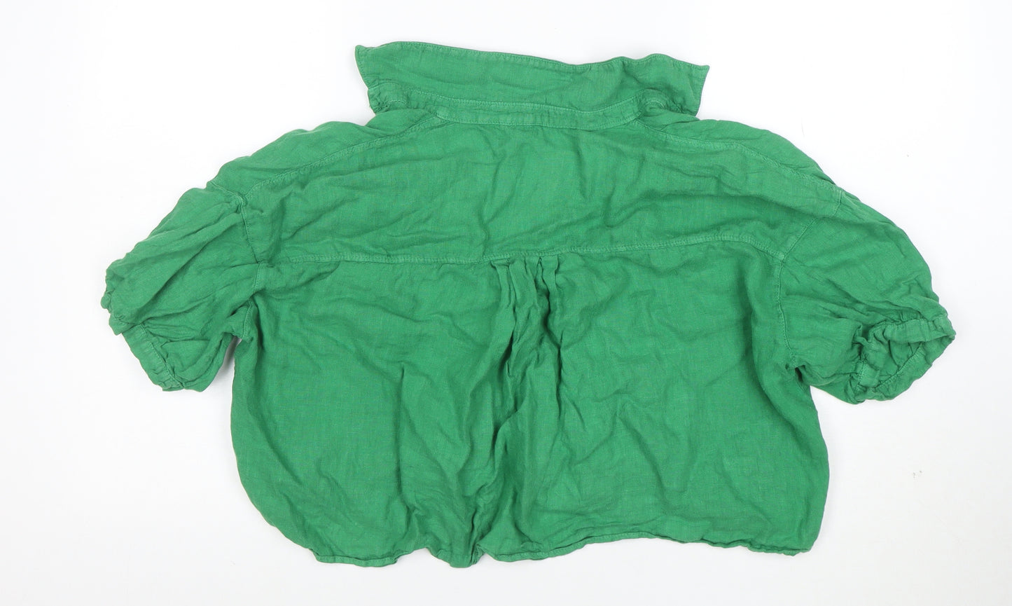 Zara Women Green Linen Cropped Button-Up Shirt M