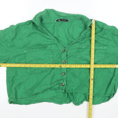 Zara Women Green Linen Cropped Button-Up Shirt M
