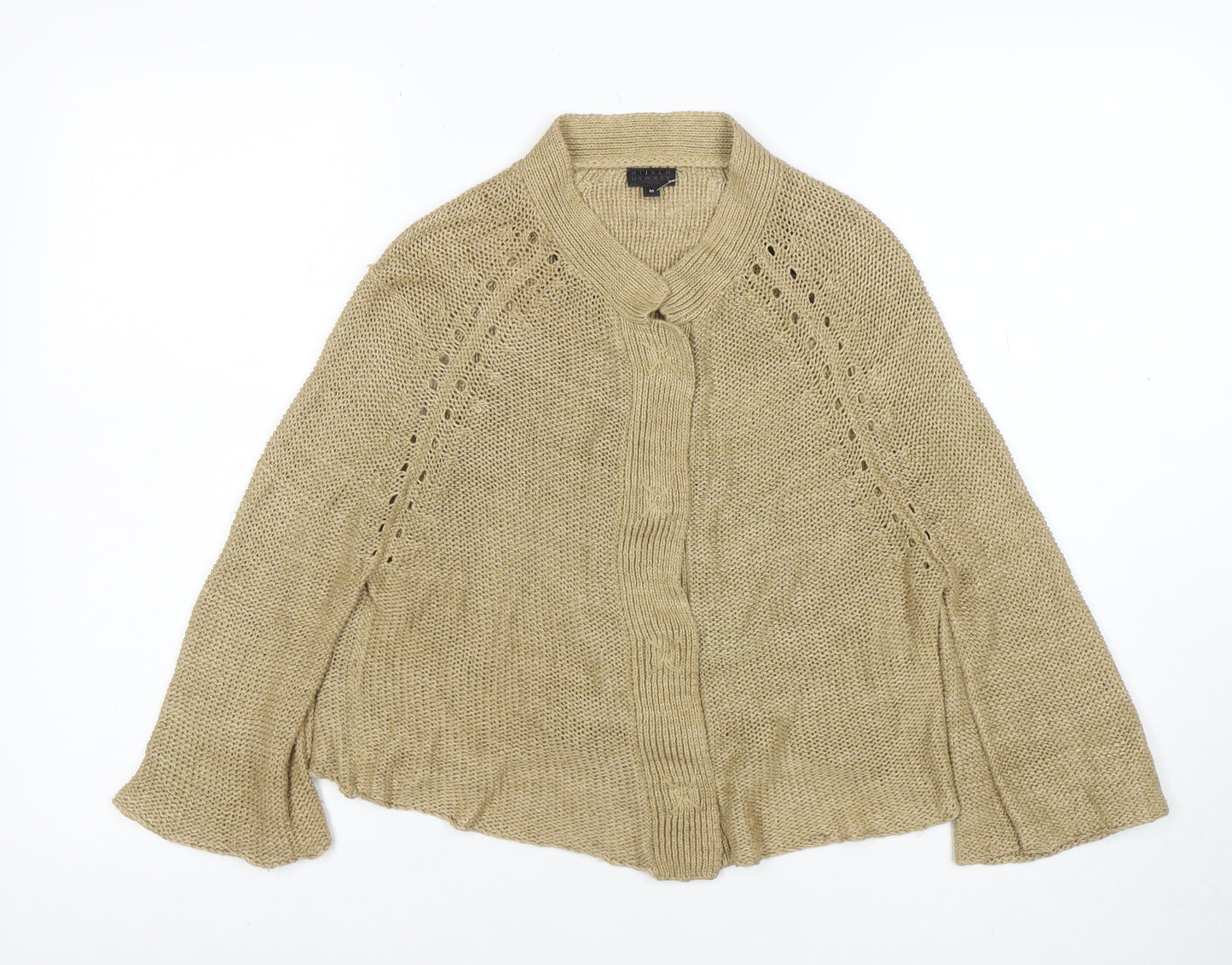 Hikaru Beige 100% Linen Womens Cardigan M Open Knit Relaxed Fit