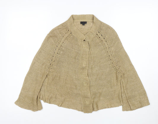 Hikaru Beige 100% Linen Womens Cardigan M Open Knit Relaxed Fit