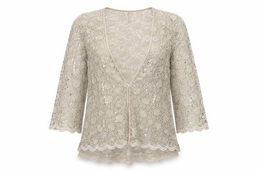 Front view of R&M Richards Women's Gold Lace Sequin 3/4 Sleeve Cardigan, size 12