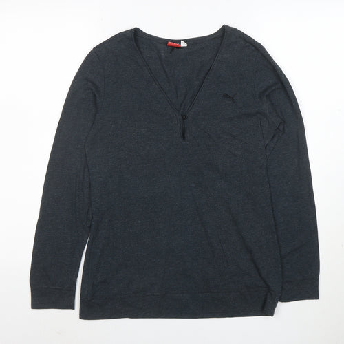 Puma Womens Grey Long Sleeve V-Neck Cotton Blend Top Size 12