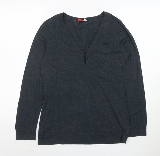 Puma Womens Grey Long Sleeve V-Neck Cotton Blend Top Size 12