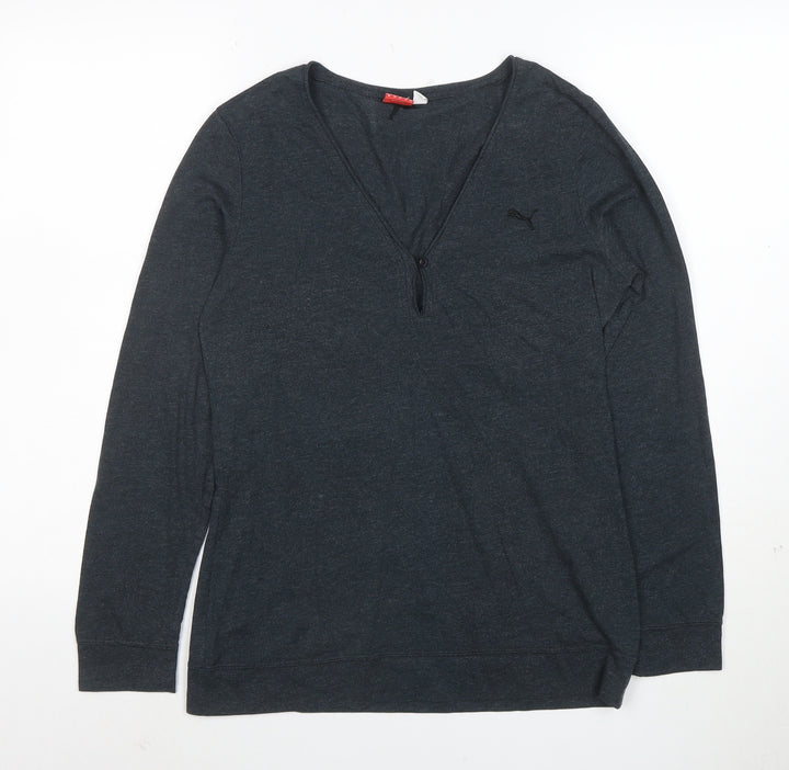 Puma Womens Grey Long Sleeve V-Neck Cotton Blend Top Size 12