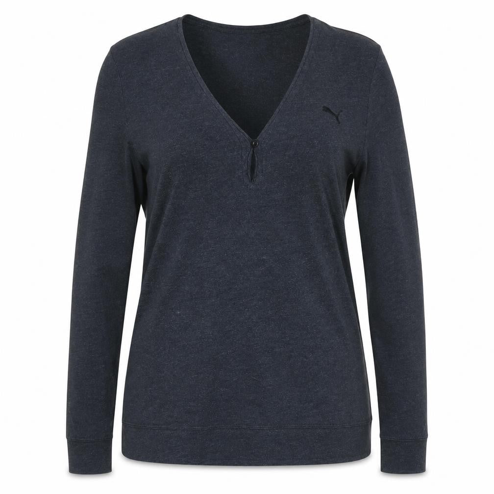 Front view of Puma women’s grey long sleeve v-neck cotton blend top, size UK 12