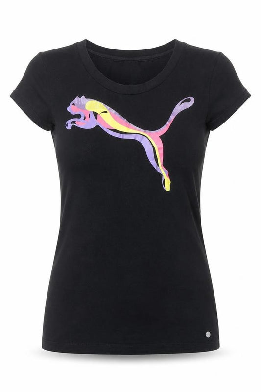 Front view of Puma women’s black slim fit cotton elastane t-shirt, size UK 8