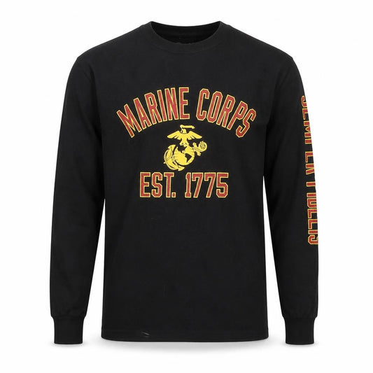 Front view of Champion Men's Black Marine Corps Long Sleeve T-Shirt, size S
