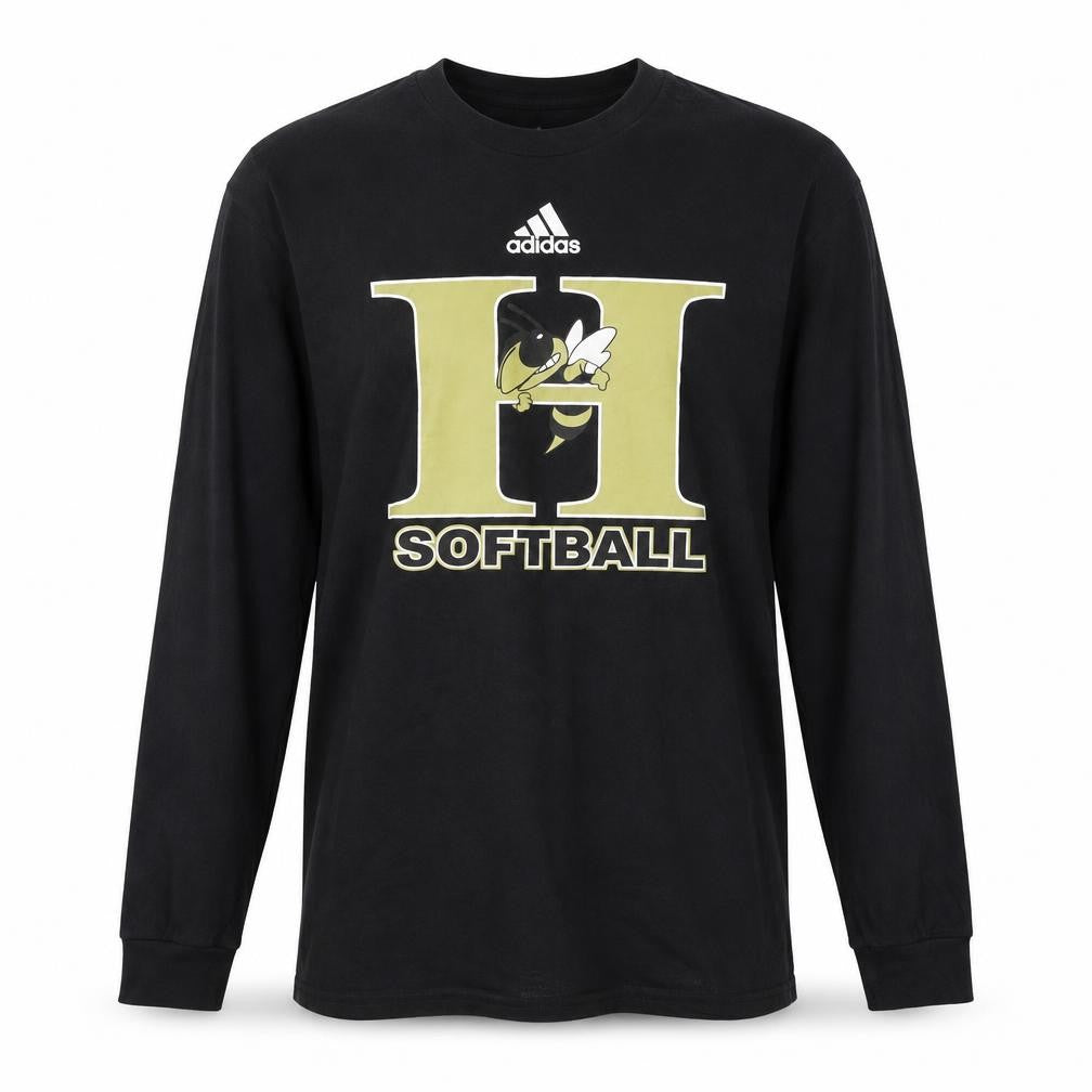 Front view of Adidas Men's Black Long Sleeve Softball Amplifier Tee L