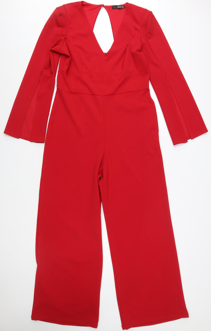Quiz Women's Red Long Sleeve V-Neck Wide-Leg Jumpsuit Size 14