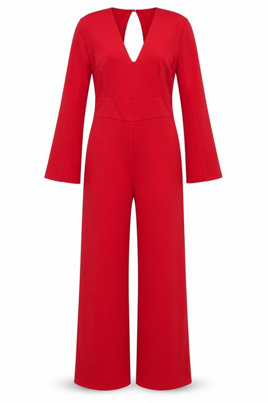Quiz Women's Red Long Sleeve V-Neck Wide-Leg Jumpsuit Size 14
