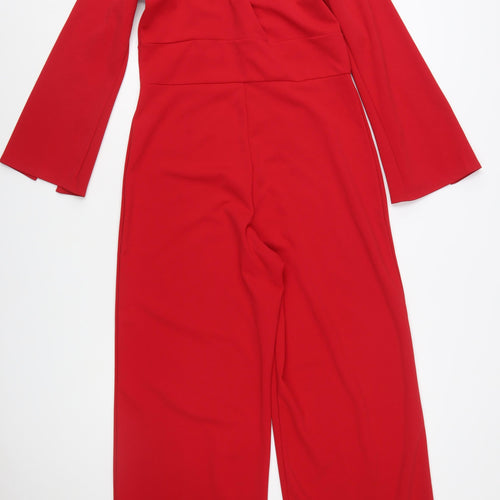 Quiz Women's Red Long Sleeve V-Neck Wide-Leg Jumpsuit Size 14