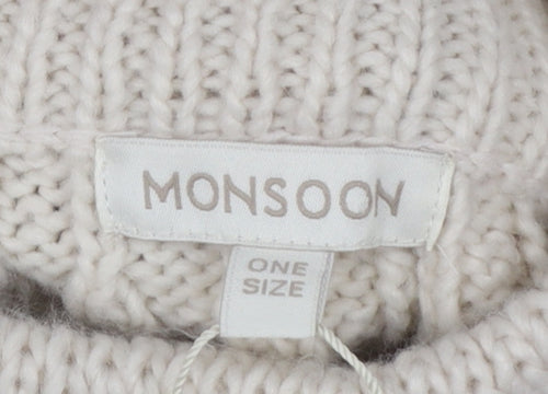 Monsoon Women’s Ivory Knit Fringe Cape Poncho One Size Acrylic