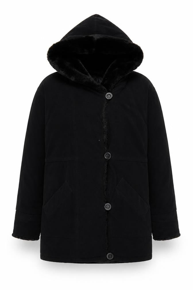 Front view of Gallery women’s black hooded mid-length coat xs polyester blend