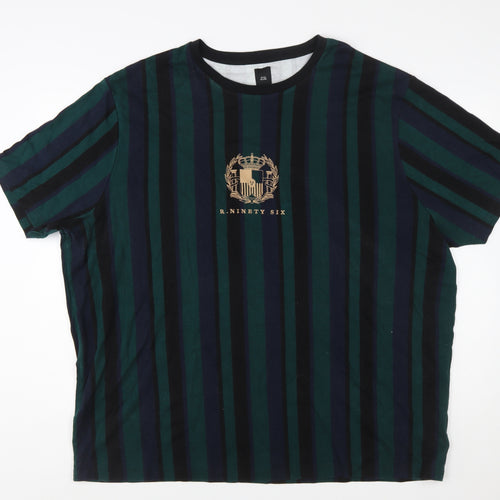 River Island Men's Navy Green Striped Crew Neck T-Shirt 3XL Classic Cotton