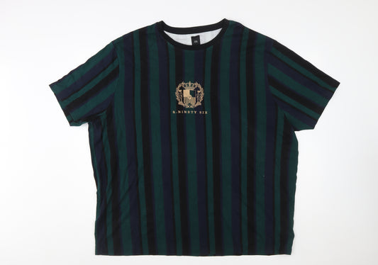 River Island Men's Navy Green Striped Crew Neck T-Shirt 3XL Classic Cotton
