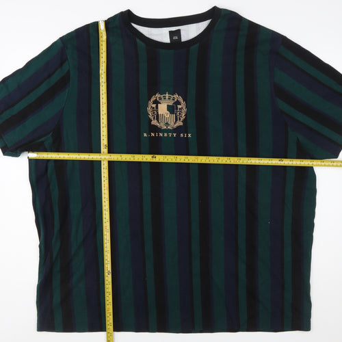 River Island Men's Navy Green Striped Crew Neck T-Shirt 3XL Classic Cotton